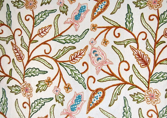 Cotton Crewel Embroidered Fabric "Jacobean" Off-White, Multicolor #SNL102