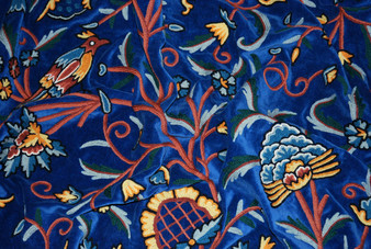 Crewel Embroidered Velvet Fabric "Tree of Life Birds" Sapphire, Multicolor #CV205