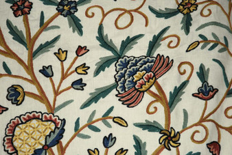 Crewel Embroidered Linen Fabric "Tree of Life" Beige, Multicolor #DDR602