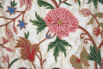 Crewel Embroidered Silk Fabric Gold, Multicolor #SL712