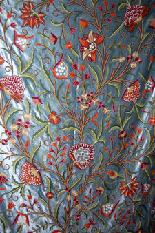 Crewel Embroidered Velvet Fabric "Tree of Life" Teal, Multicolor #CV201