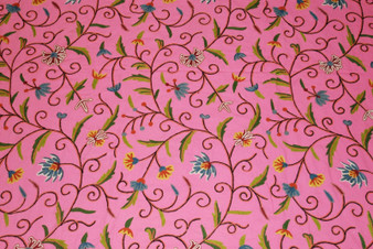 Cotton Crewel Embroidered Fabric "Jacobean" Pink, Multicolor #TML205