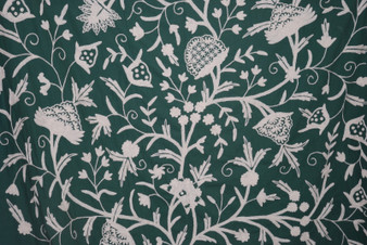 Cotton Crewel Embroidered Fabric "Tree of Life", White on Green #DDR072