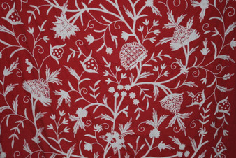 Cotton Crewel Embroidered Fabric "Tree of Life", White on Red #DDR032