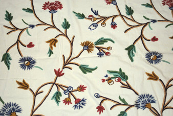 Cotton Crewel Embroidered Fabric Floral Cream, Multicolor #FLR312