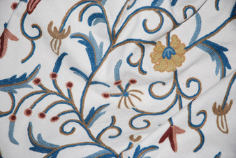 Cotton Crewel Embroidered Fabric "Jacobean" Off-White, Multicolor #TML009