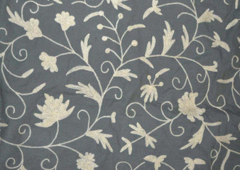 Cotton Crewel Embroidered Fabric "Jacobean", White on Grey #TML402