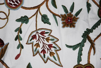 Cotton Crewel Embroidered Fabric "Watlab" Off-White, Multicolor #FLR228