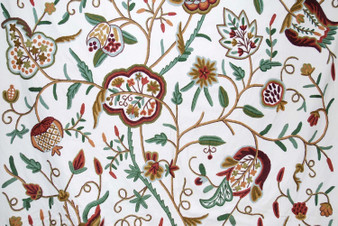 Cotton Crewel Embroidered Fabric "Watlab" Off-White, Multicolor #FLR228