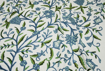 Cotton Crewel Embroidered Fabric "Tree of Life Birds" Off-White, Multicolor #BRD112
