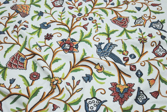 Cotton Crewel Embroidered Fabric "Tree of Life Birds" Off-White, Multicolor #BRD104