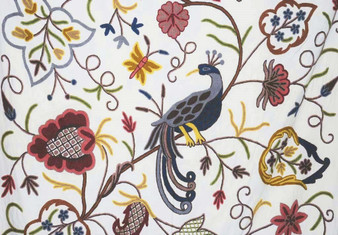 Cotton Crewel Embroidered Fabric "Peacock" Off-White, Multicolor #BRD802