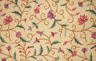 Cotton Crewel Embroidered Fabric "Jacobean" Beige, Multicolor #TML201