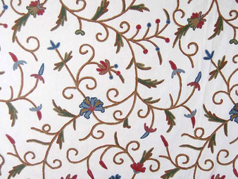 Cotton Crewel Embroidered Fabric "Jacobean" Off-White, Multicolor #TML331