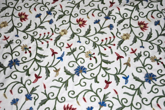 Cotton Crewel Embroidered Fabric "Jacobean" Off-White, Multicolor #TML004