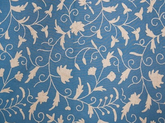 Cotton Crewel Embroidered Fabric "Jacobean", White on Blue #TML510
