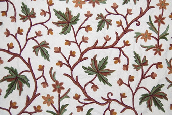 Cotton Crewel Embroidered Fabric "Autumn Maple" Off-White, Multicolor #CHR302