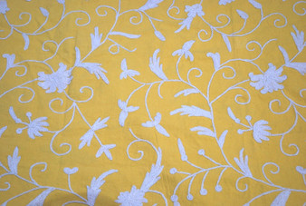 Cotton Crewel Embroidered Fabric "Jacobean", White on Yellow #TML512