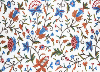 Crewel Cotton Embroidered Fabric Floral Off-White, Multicolor #FLR203