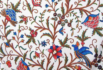 Crewel Cotton Embroidered Fabric "Tree of Life Birds" Off-White, Multicolor #BRD102