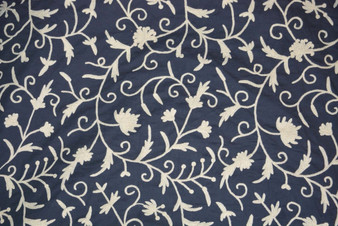 Crewel Cotton Embroidered Fabric "Jacobean", White on Navy #TML111