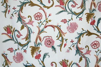 Crewel Cotton Embroidered Fabric Off-White, Multicolor Pastels #FLR006