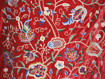 Crewel Velvet Embroidered Fabric "Watlab" Red, Multicolor #CV304