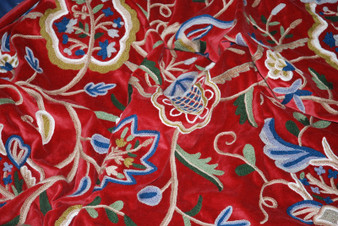 Crewel Embroidered Velvet Fabric "Watlab" Red, Multicolor #CV304