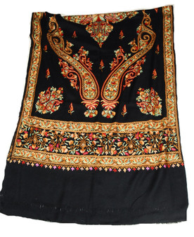 Crewel Wool Shawl, Hand Embroidered Wrap Throw Scarf Black, Multicolor #WS-120