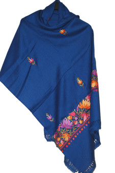 Crewel "Aari" Embroidered Wool Shawl Wrap Scarf Navy, Multicolor  #WS-139