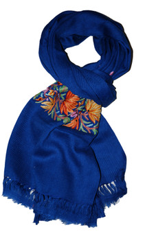 Hand Embroidered Crewel Wool Shawl Wrap Scarf Navy, Multicolor  #WS-140