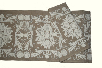 Crewel Embroidered Linen Bed Runner Table Runners, White on Beige #CWR16620