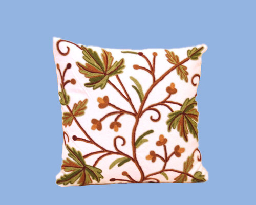 Kashmiri Ethnic Embroidered Crewel Throw Pillow Cushion Cover "Autumn Maple", Multicolor #CW321