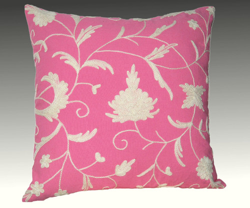 Crewel Hand Embroidered Throw Pillow Cushion Cover Floral, White on Pink #CW311