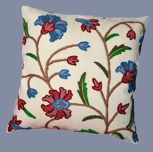 Kashmiri Ethnic "Aari" Embroidered Crewel Pillow Cushion Cover Beige, Multicolor #CW226