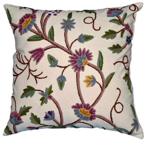 Crewel Pillows Embroidered Cotton Cushion Cover "Grapevine", Multicolor #CW201