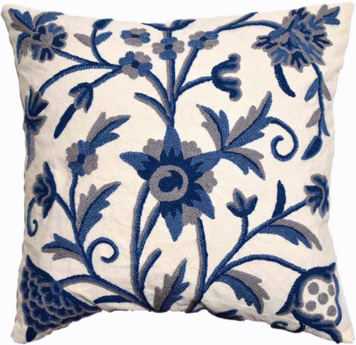 Crewel Pillows Embroidered Cotton Cushion Cover "Tree of Life", Blue on White #CW402