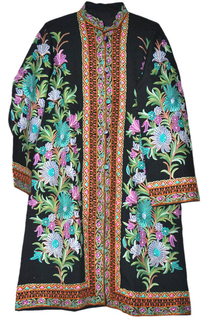 Kashmiri "Aari" Embroidered Woolen Coat Black, Multicolor #AO-1612 Kashmiri "Aari" Embroidered Woolen Coat Black, Multicolor #AO-1612