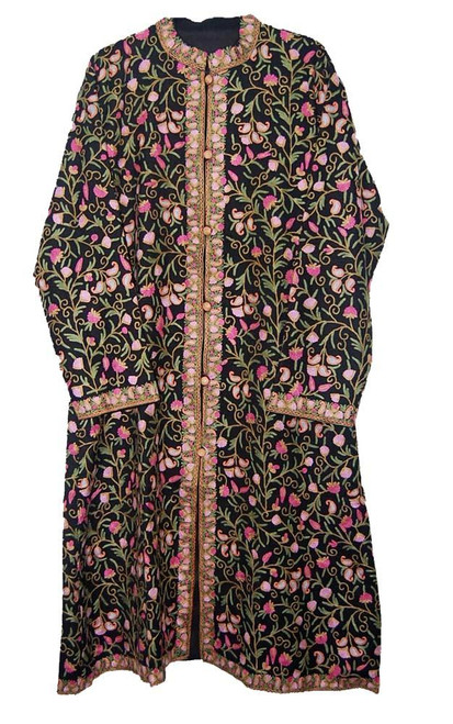 Crewel "Aari" Embroidered Kashmiri Woolen Coat Black, Multicolor #AO-1201 Crewel "Aari" Embroidered Kashmiri Woolen Coat Black, Multicolor #AO-1201