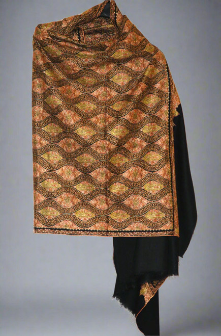 Kashmiri Ethnic "Sozni" Embroidered Pashmina Jamawar Shawl Black, Multicolor #PJM003