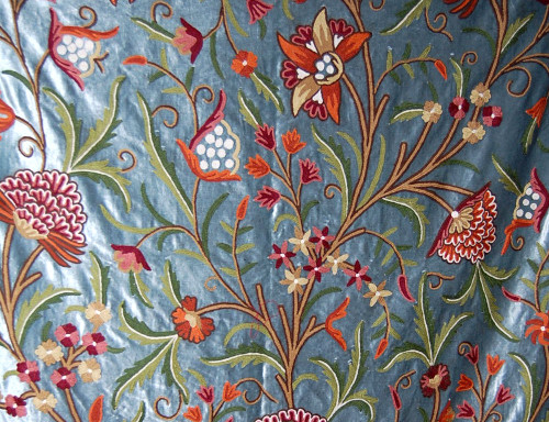 Crewel Velvet Embroidered Fabric "Tree of Life" Teal, Multicolor #CV201