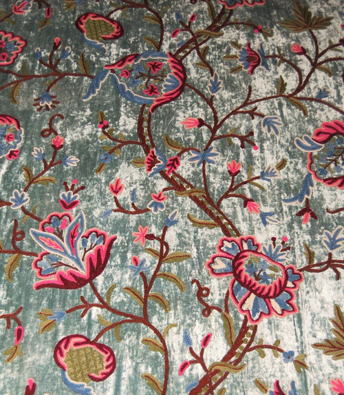 Crewel Velvet Embroidered Fabric Teal, Multicolor #CV402