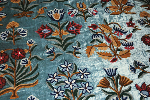 Crewel Velvet Embroidered Fabric Teal, Multicolor #CV602