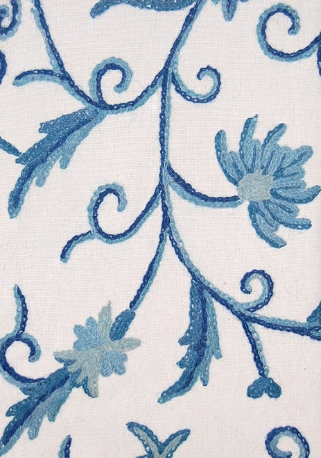 Handmade Crewel Embroidered Drapery Upholstery Fabric "Jacobean", Blue on White #TML011