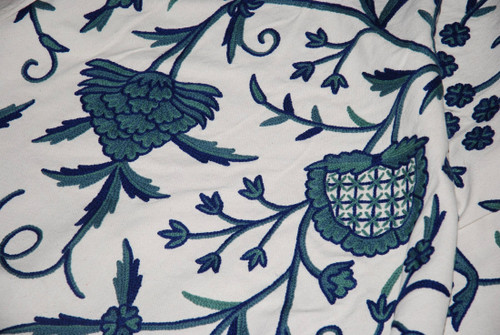 Vintage Crewel Embroidered Drapery Upholstery Fabric Tree of Life, Blue on White #DDR011