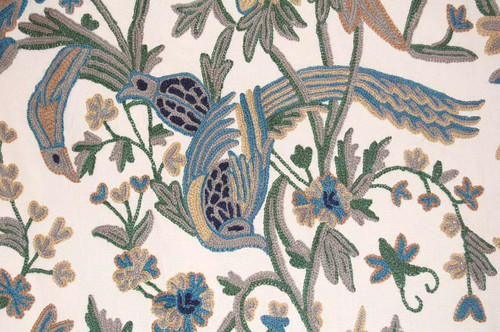 Kashmiri Crewel Embroidered Drapery Upholstery  Fabric "Birds", Blue and Grey #MHJ002