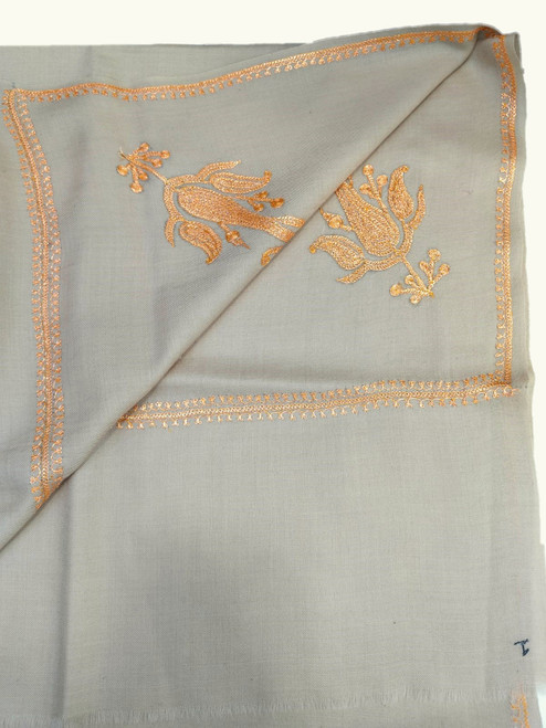 Crewel "Tilla" Sozni Woolen Shawl Beige, Gold Embroidery #WS-942