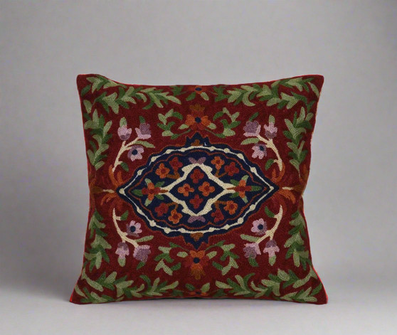 Kashmiri Ethnic Embroidered Crewel Wool Throw Pillow Cushion Cover, Multicolor #CW1010