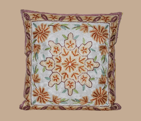 Crewel Hand Embroidered Silk Throw Pillow Cushion Cover, Multicolor #CW2019