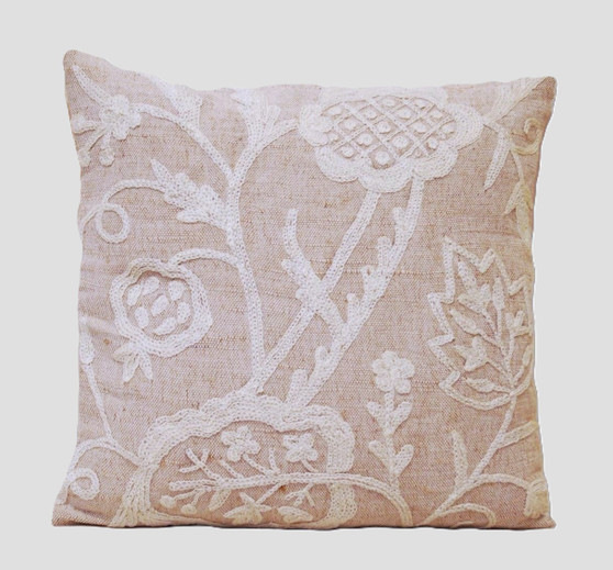 Crewel "Aari" Embroidered Jute Throw Pillow Cushion Cover, White on Beige #CW921